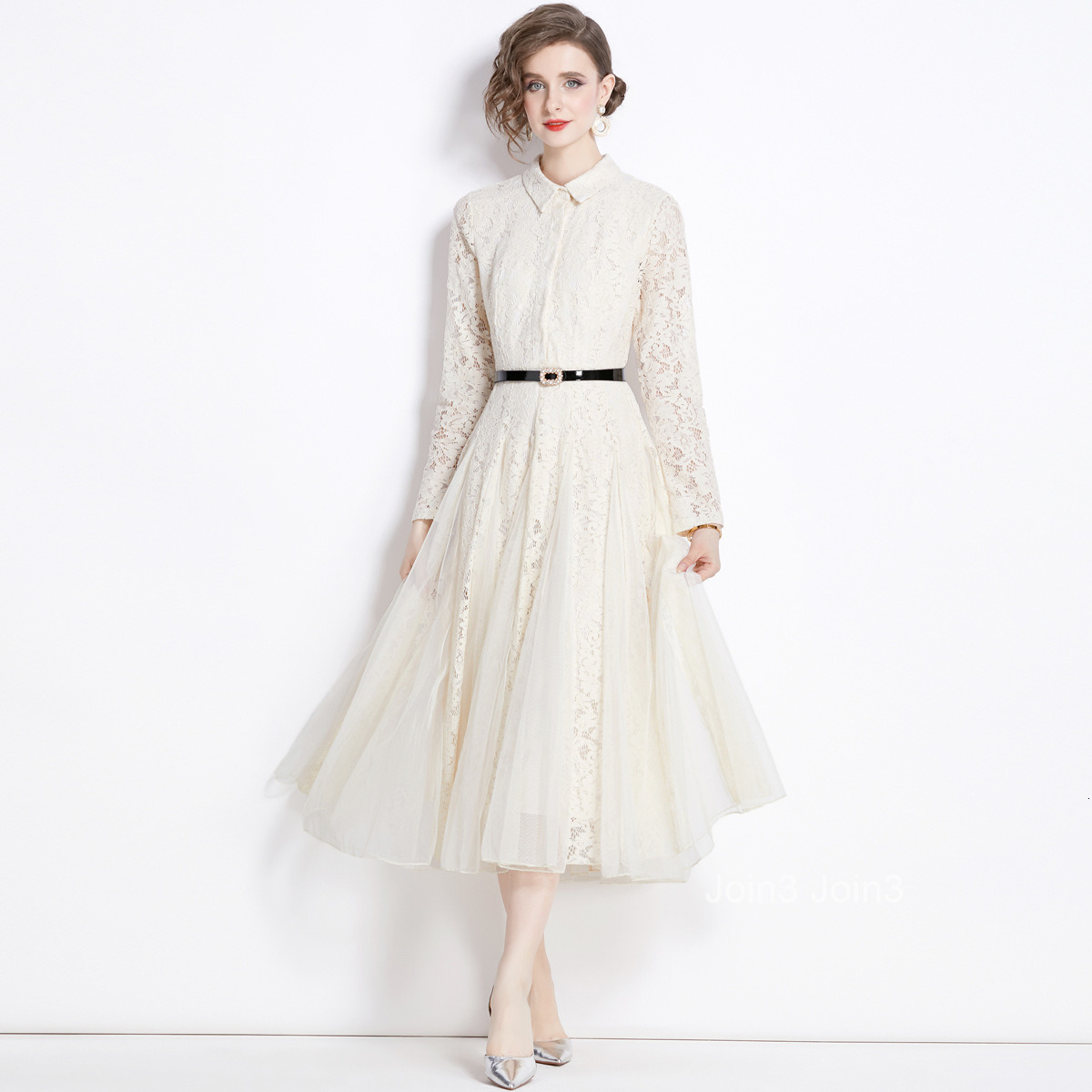 Spring and Autumn New Womens Clothing Elegant Long Skirt with Waist Collection Mesh Splicing Lace Large Swing Dress