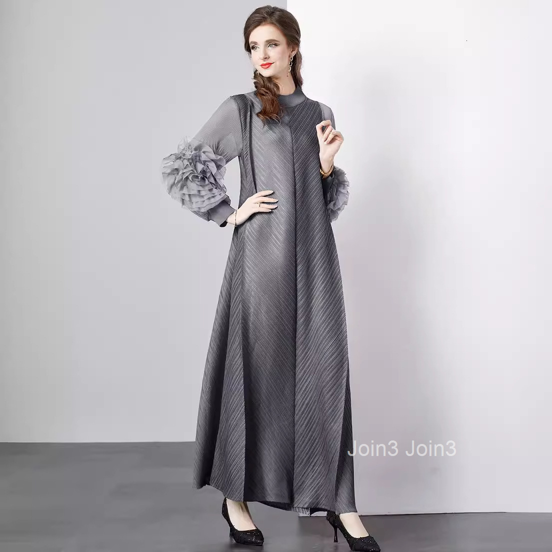 Floral Long Dress for Spring and Summer Solid Color Temperament Long Loose Plus Size Dress Pleated for Women