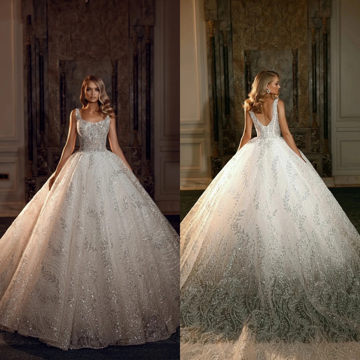 Classic A e Women Wedding Jewel Neck Sleeveless Bridal Gowns Sequins Backless Sweep Train Dress Custom Made vestidos de novia