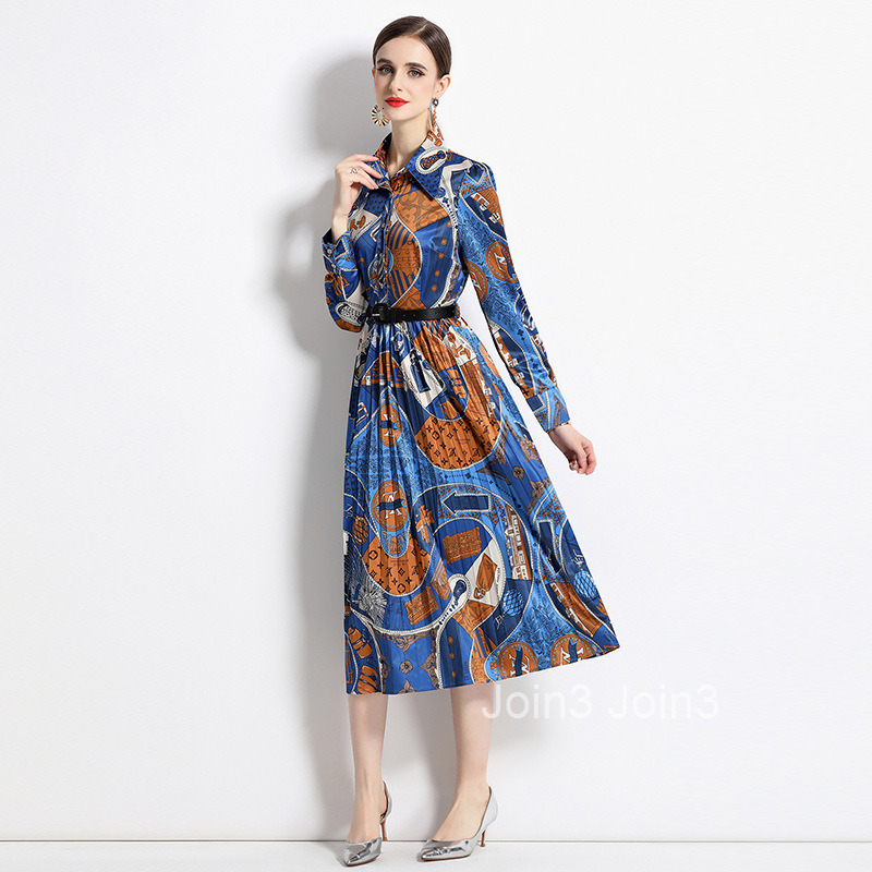 new French fashion printed heavy pleated long sleeved shirt dress