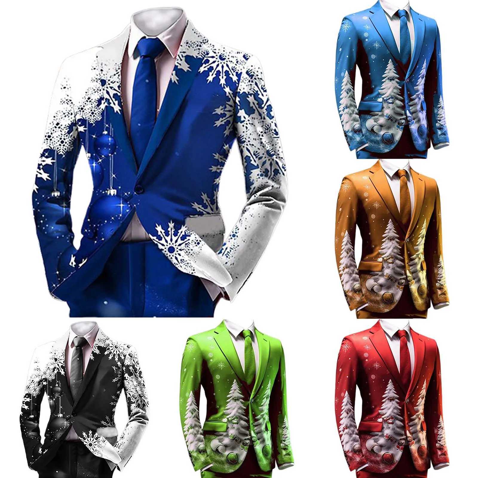 Snowflake print mens Christmas jacket single chest business casual slim fit set jacket outdoor party Christmas set menXJ250222