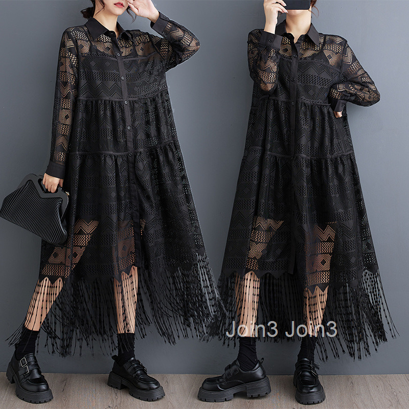 Spring and Autumn Dark Long Lace Splicing Dress Fashionable and Versatile Perspective Shirt Skirt