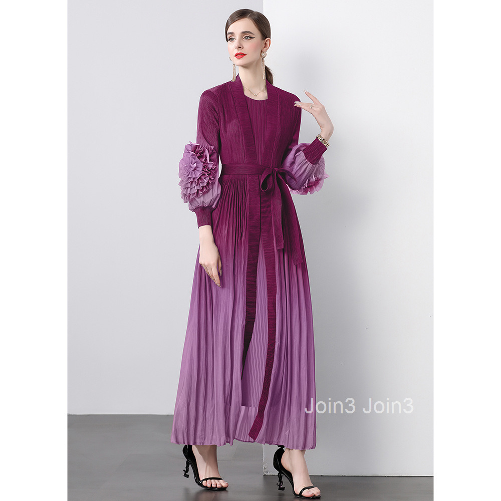 Autumn New Womens Clothing Pleated Gradient Plate Flower Lace Up Jacket+sleeveless Straight Tube Long Skirt Set