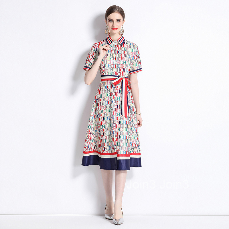 Fashionable and Versatile Waist with Positioning Printed Short Sleeve Cardigan Dress and Belt