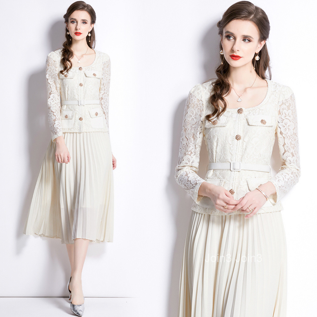 Autumn New Womens Clothing Style Slim Fitting and Slimming Lace Patchwork Medium Long Pleated Dress