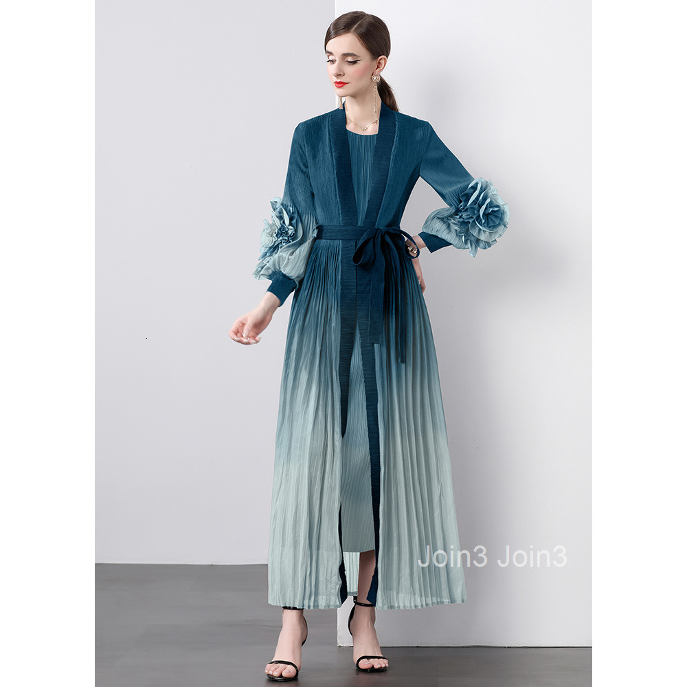 Autumn New Womens Clothing Pleated Gradient Plate Flower Lace Up Jacket+sleeveless Straight Tube Long Skirt Set