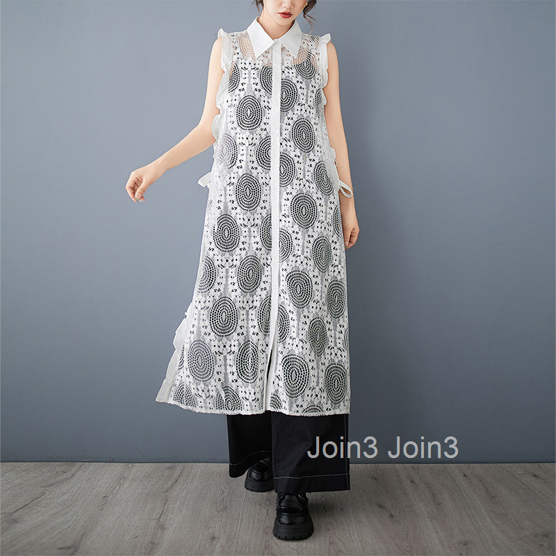Spring/Summer New Style Loose Style Design Sense Solid Color Lace Vest Double Open Lace Hoodie Dress