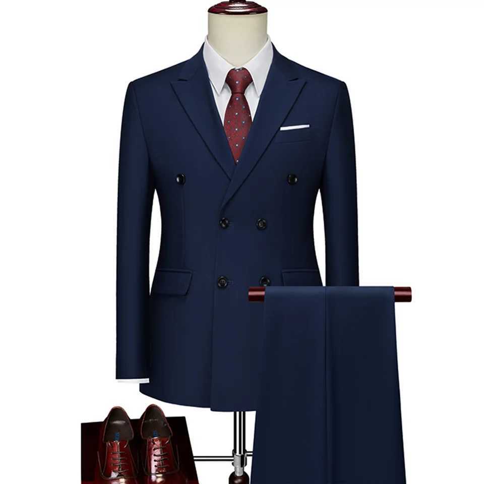 Mens Suits 2 Pieces Fashion Solid Double Breasted Men Wedding Prom Dress Male Blazer Coat Pants Slim Fit Suits Tuxedo 6XL-MXJ250222