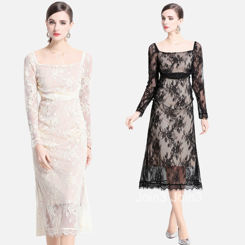 Spring and Autumn New Womens Dress with Generous Neck Long Sleeve Folded Waist Bag Hip Tail Lace Skirt
