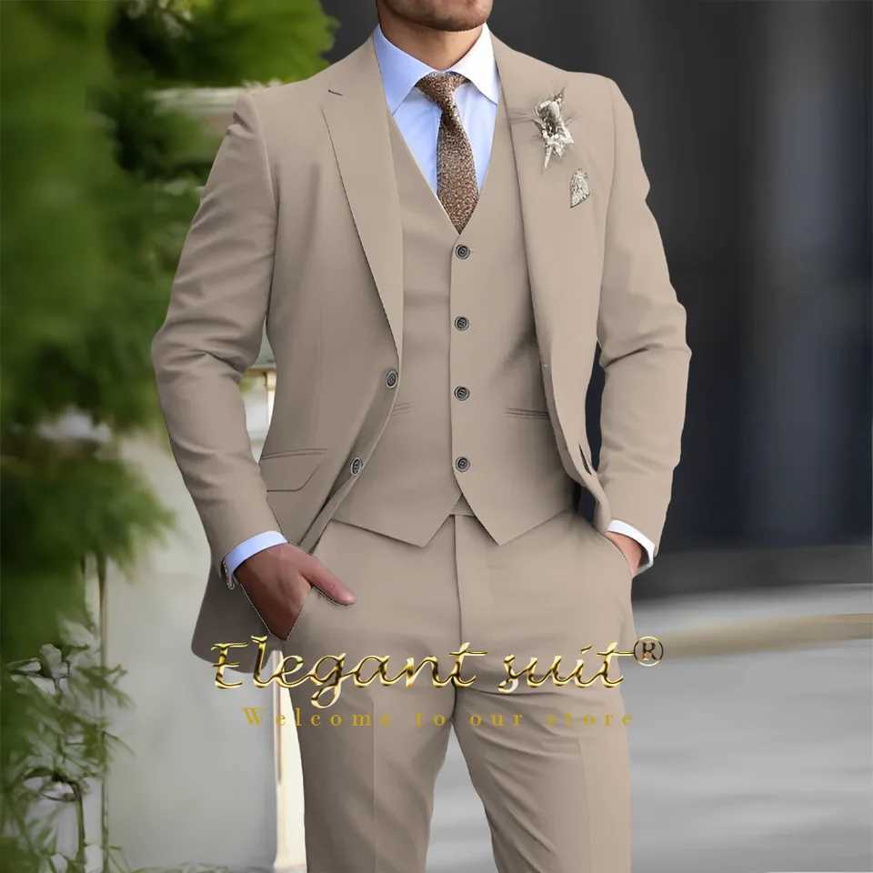 Mens ivory white 3-piece suit (jacket + vest + trousers) two-button fit elegant fashionable and high-quality formal wearXJ250222