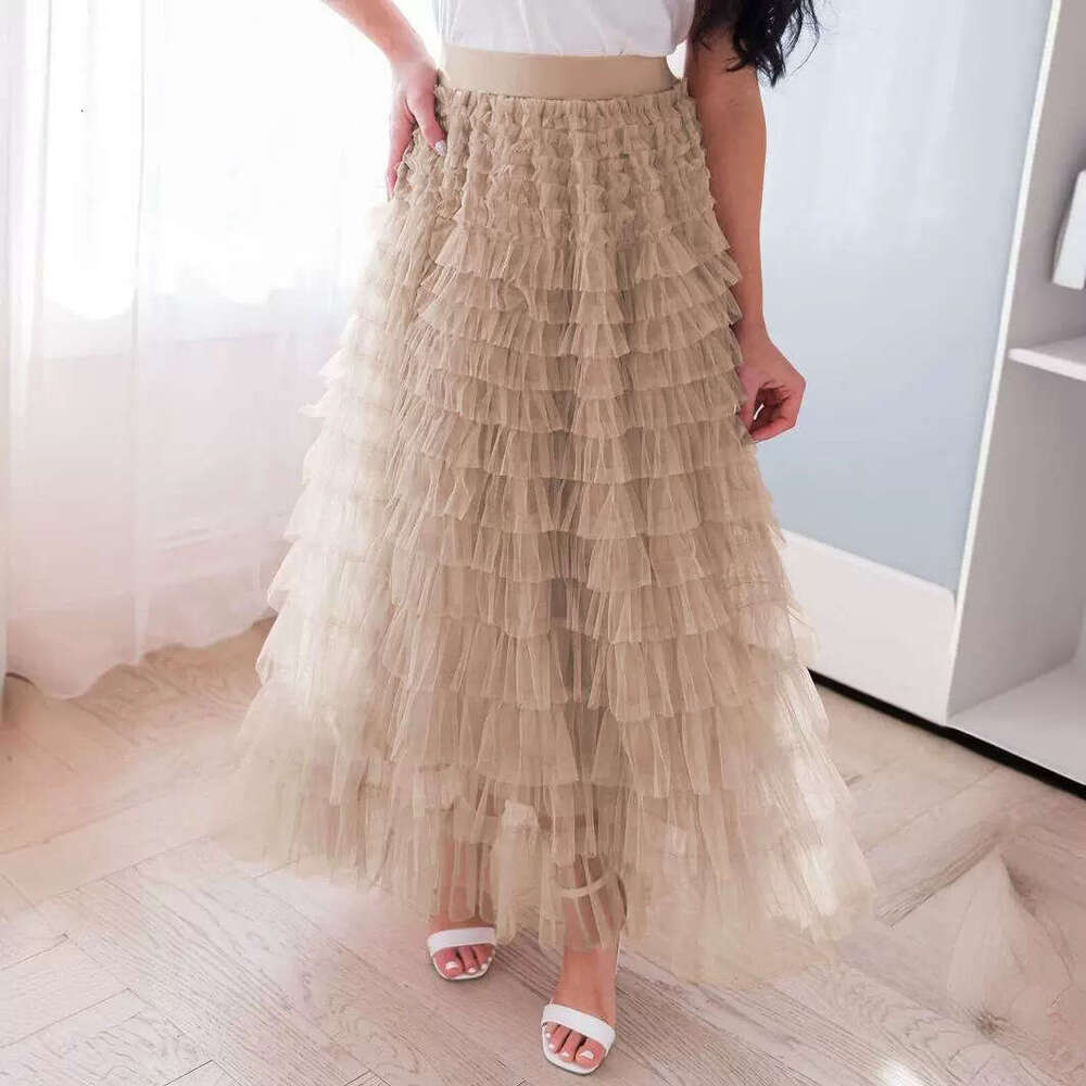 New French long elegant autumn temperament, solid color, high waisted mesh cake skirt, fluffy half skirt for women