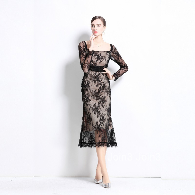 Spring and Autumn New Womens Dress with Generous Neck Long Sleeve Folded Waist Bag Hip Tail Lace Skirt