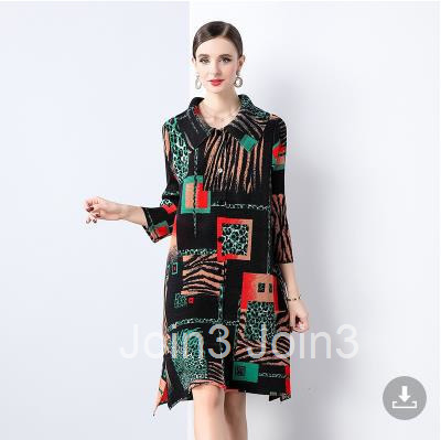 French style pleated printed dress 2024 spring/summer new item lapel plus size three bedroom loose shirt skirt