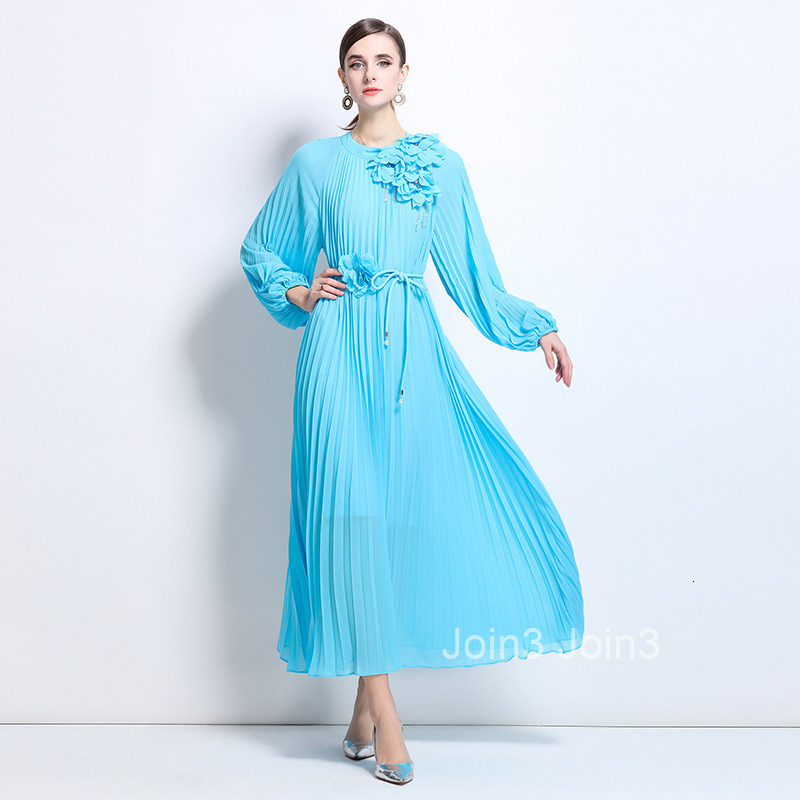 French style new womens long sleeved three-dimensional floral lace up loose fairy pleated long skirt