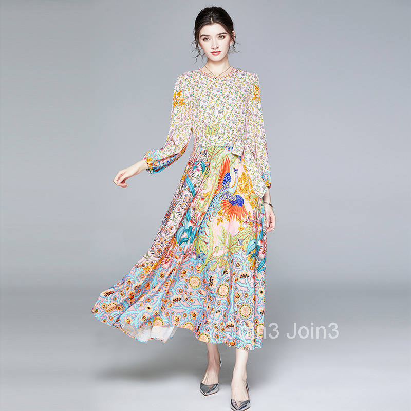 Small Clear Skirt Printed Long Sleeve Lace with Waist to Look Thin Dress Big Swing