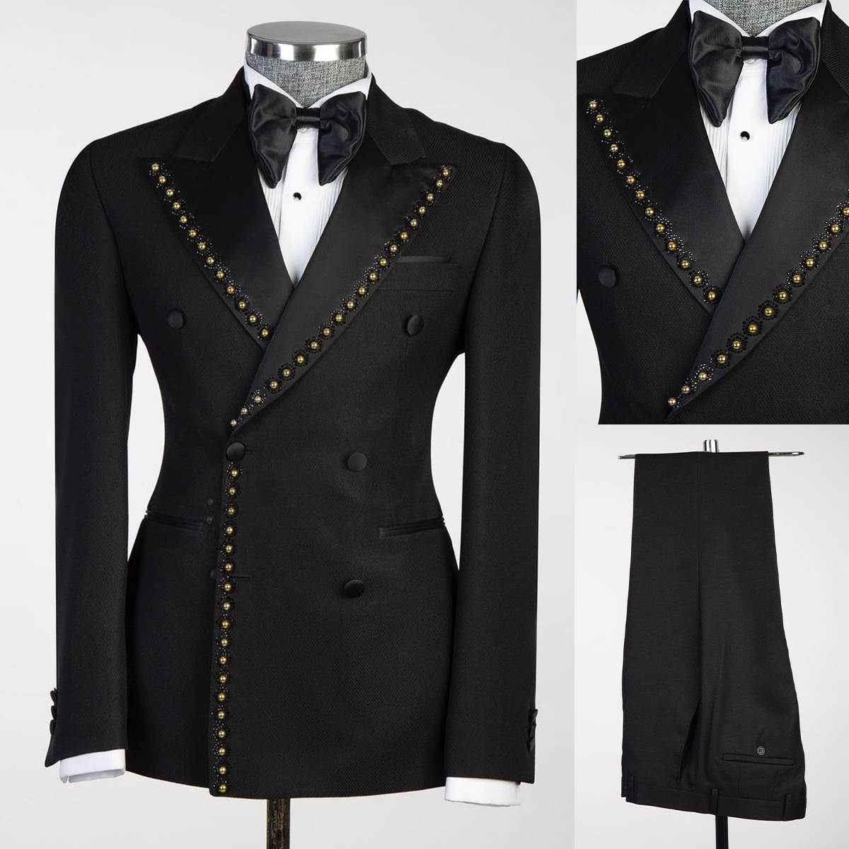 Graceful Black Spring Summer Men Suits Set 2 Pieces Blazer+Pant Trousers With Beaded Peaked Lapel Customized Groom Wedding Tuxedo Formal Prom Jacket(C