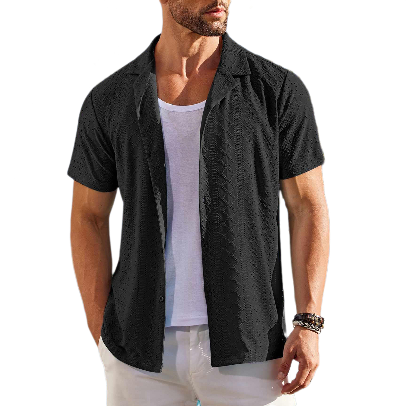 Men's Short Sleeved Shirt Button Men's Loose Casual Beach Wear Men's Designer Shirt Summer Hollow Out Quick Drying Breathable Shirt Vac