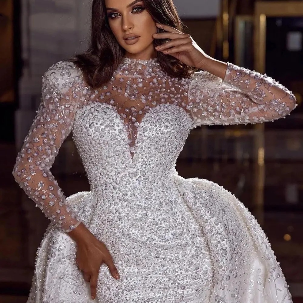 Mermaid Wedding Dress High Collar Long Sleeves Bridal Gowns Sequins Pearls Detachable Train Dresses Custom Made vestidos de novia