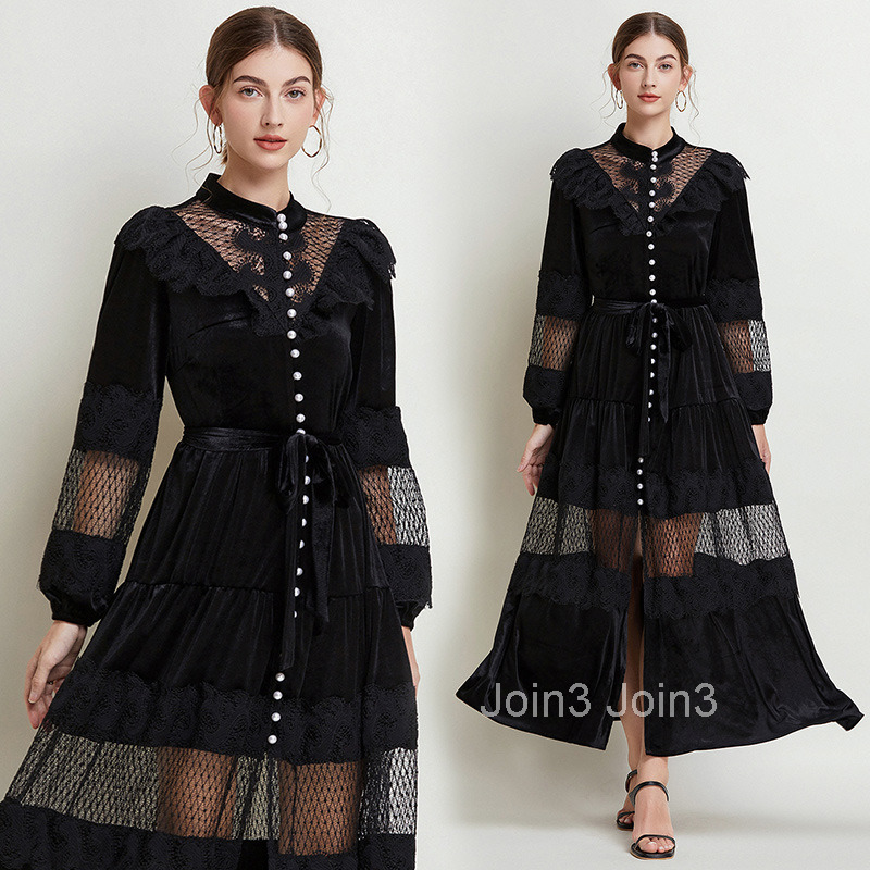 Autumn/winter New Womens Velvet Grand Swing Long Dress with Waist Cinching Style Lantern Long Sleeve Dress