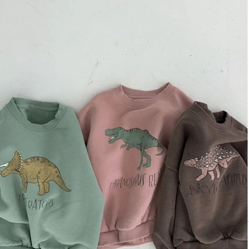 Autumn Kids Baby Boys Girls Hoodies Cool Dinosaur Plus Fleece Children Pullover Comfortable Sweatshirt 250221