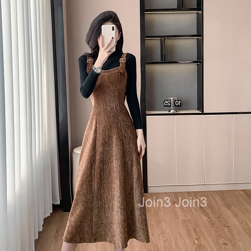 Autumn/Winter New Strap Dress Half High Collar Long Sleeve Undercover Two Piece Set