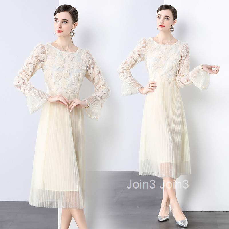 New Fairy Style Three Dimensional Hairy Flower Bubble Sleeve Horn Sleeve Waist Fold Mesh Large Swing Dress