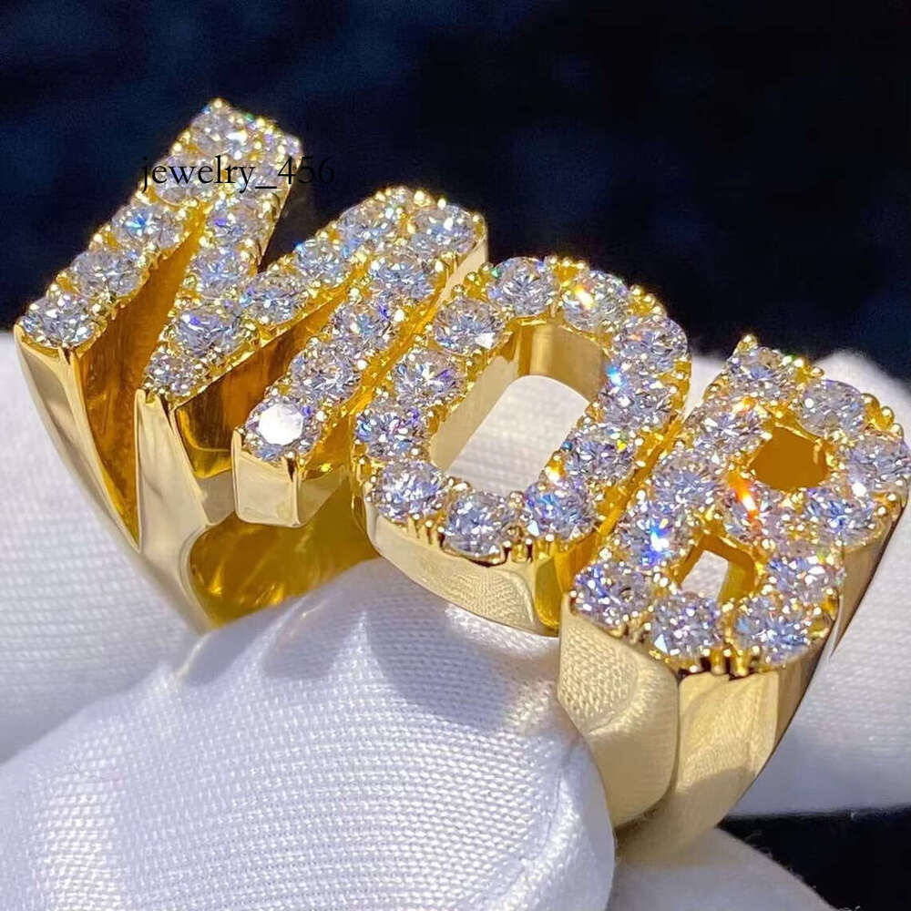 Hip Hop Rapper Men Iced Out Initial Letter Sier Moissanite Personalized Name Pinky Ring