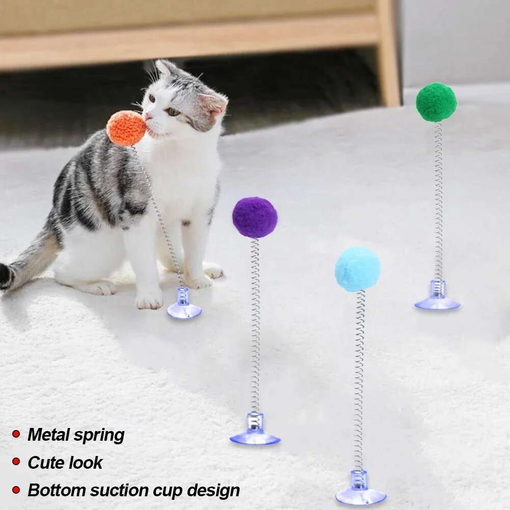 1pc Fur Ball Spring Toy Suction Cup Multicolored Teaser Wand Pet Interactive Cat Scratcher Toys Supplies Random Color