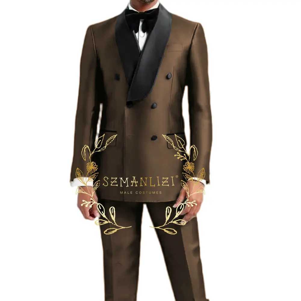 Silver Grey Satin Double Breasted Suits for Men Wedding Slim Fit Formal Groom Tuxedo Custom Made Suit Shinny Jacket PantsXJ250222