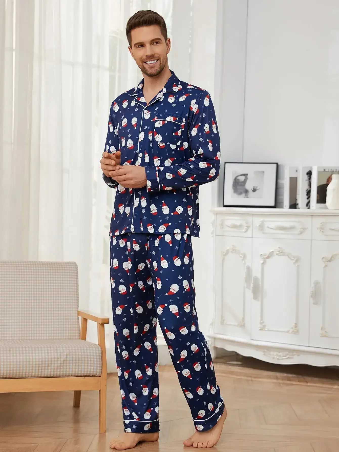 Christmas Santa Claus Men Pajama Set Long Sleeves Button Top Full Length Pants Sleepwear 2 Pieces Notched Collar NightwearXJ250222