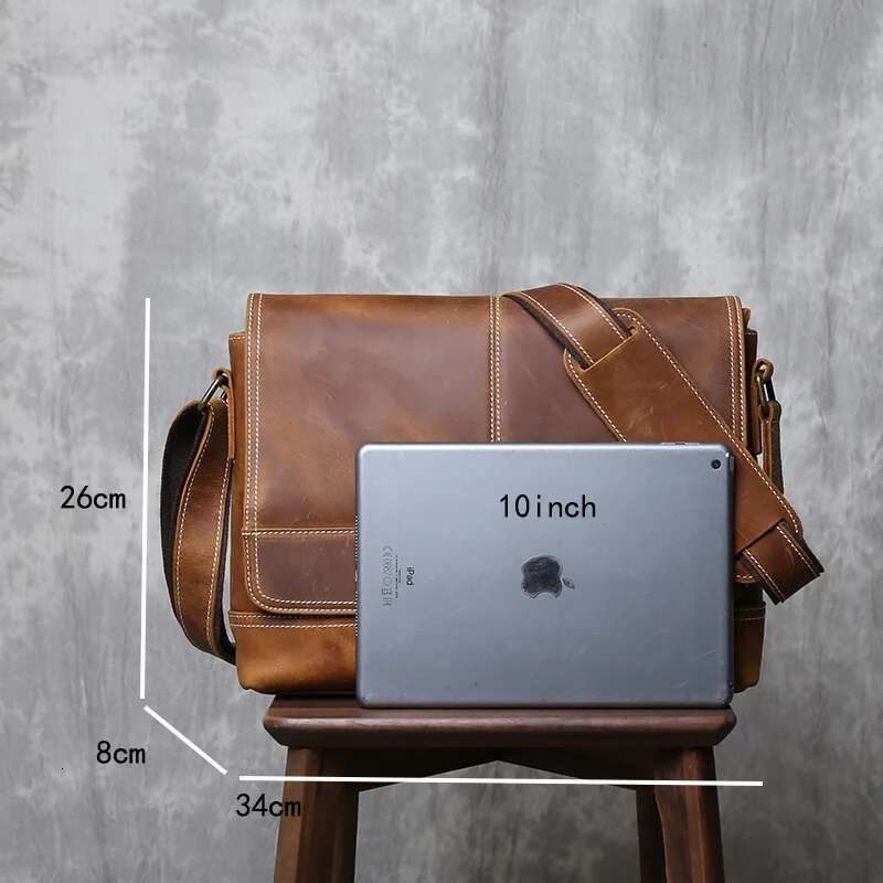 New Crazy Horse Men's Original Retro Shoulder Horizontal A4 Postman Bag Handmade Leather Crossbody Bag.