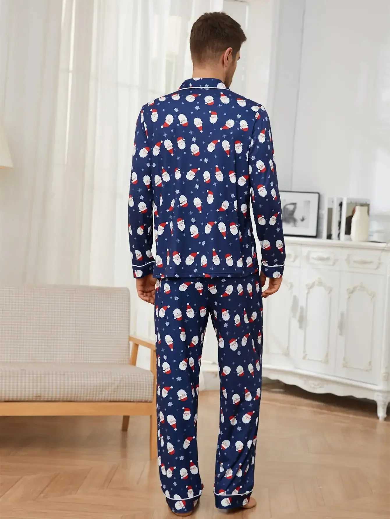 Christmas Santa Claus Men Pajama Set Long Sleeves Button Top Full Length Pants Sleepwear 2 Pieces Notched Collar NightwearXJ250222