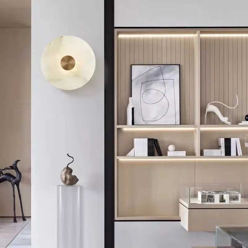 Art Deco Round LED Wall Sconce Natural Marble Brass Parlor Aisle Corridor Wall Lights Atmosphere Decoration Lamp Drop Shipping Z250220