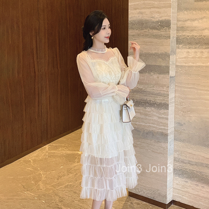 French gentle style fashionable embroidered slimming waist skirt womens design sense heavy long sleeved mesh cake skirt