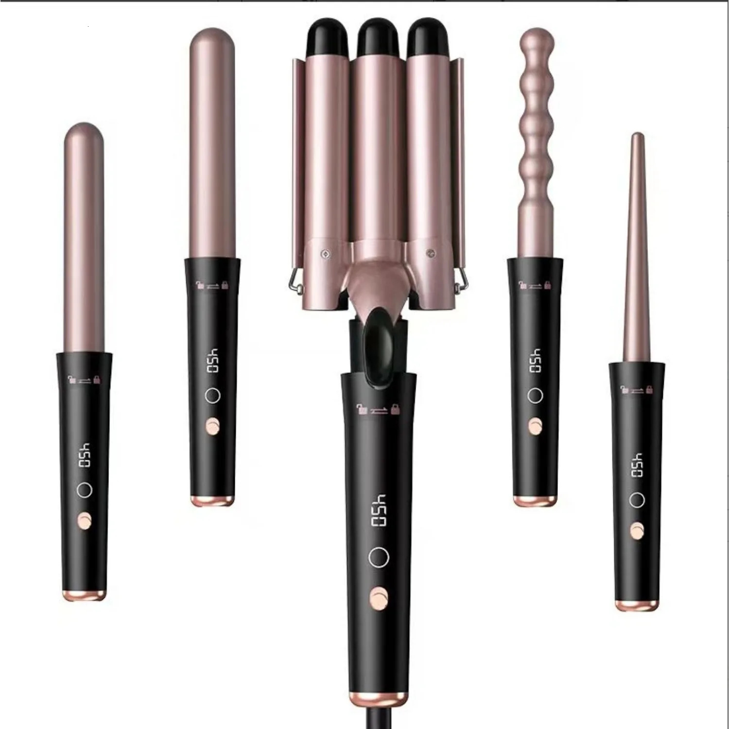 Five in one curling iron set with temperature display 5 replaceable curling irons suitable for all hair types champagne gold 250221