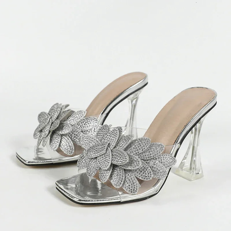Summer PVC Transparent Slippers Women Fashion Gold Crystal Rhinestone High Heels for Women Mules Shoes Slide Sandals 250221