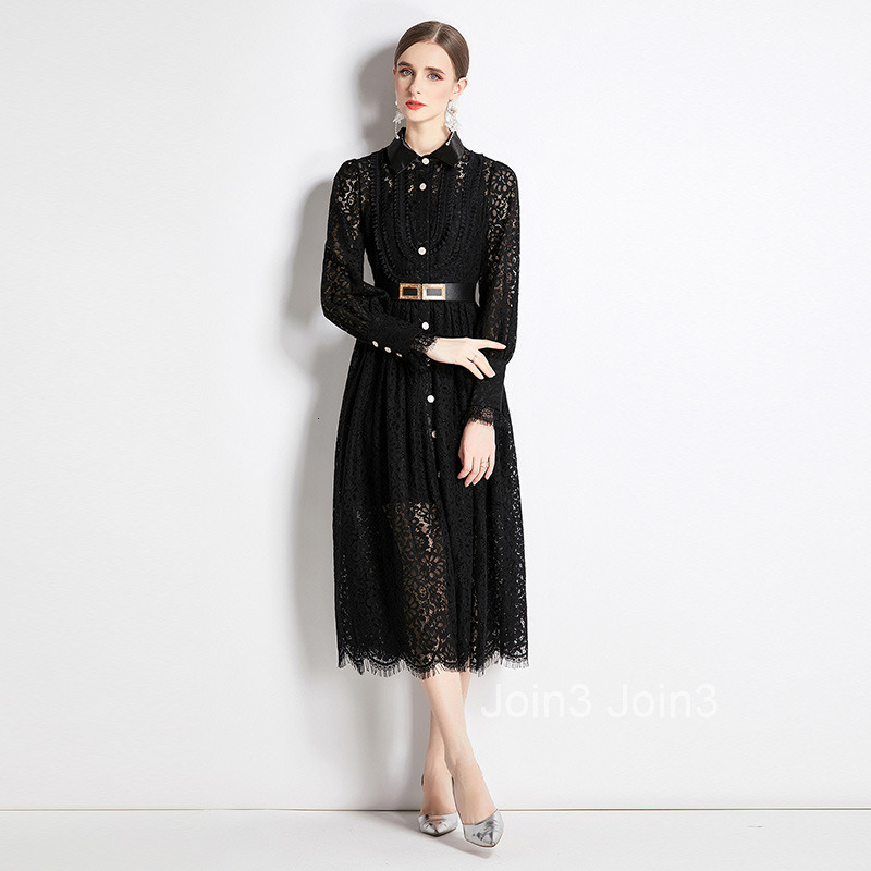Spring and Autumn New Womens Clothing Style Hook Flower Hollow Lace Dress Solid Color Large Swing Long Dress
