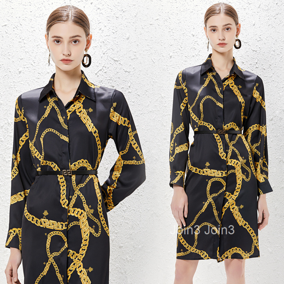 Spring/Summer New Womens Satin Chain Printed Single breasted Elegant Dress (with Belt)