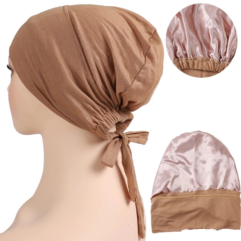 Double Layer Modal Satin Hijab Cap Islam Undercap with Tie Bonnet Instant Hijabs for Women Turkish Scarves Muslim Turban Bandana 250221