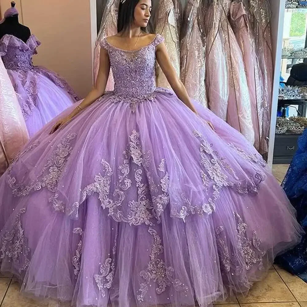 Lilac Tulle Ball Gown Quinceanera Dresses Straps Sleeveless Corset Sweet 16 Gowns Lace Appliques Beaded Long Birthday Party Dress For Girls 2025