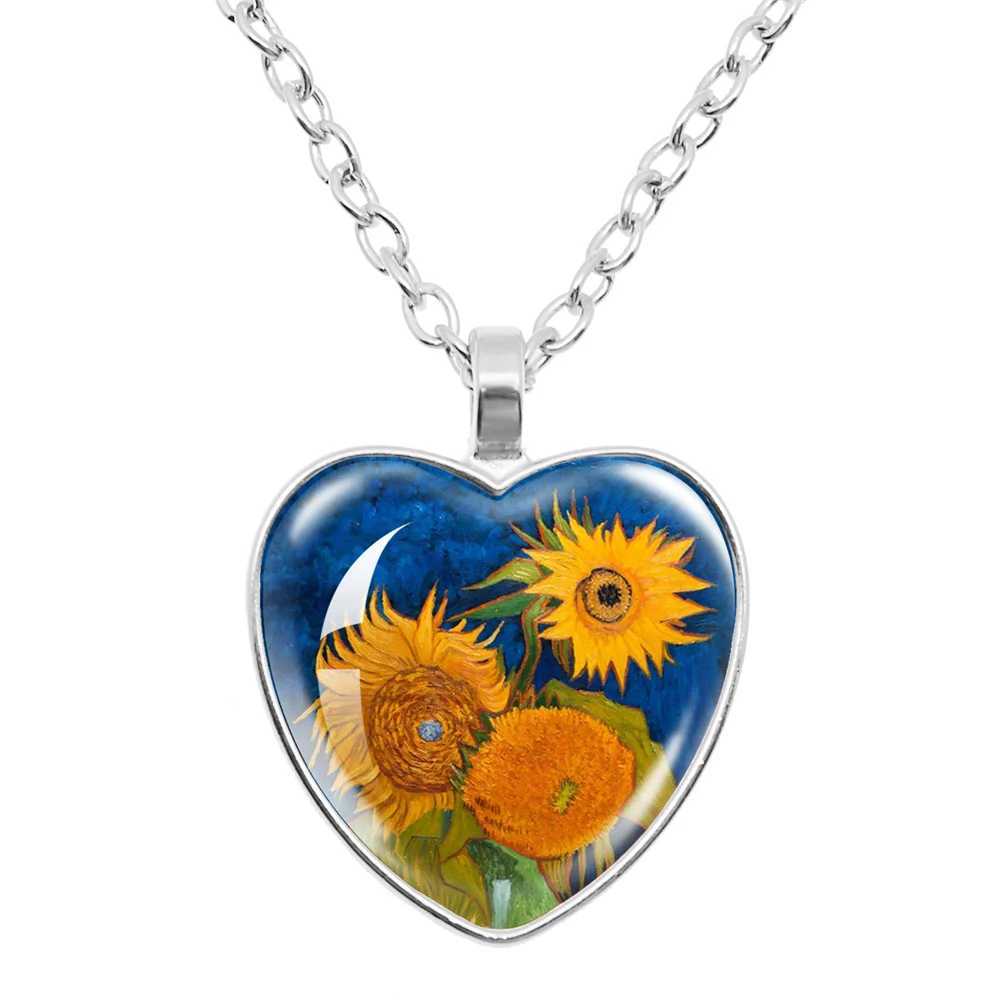 Fashion Van Gogh Art Starry Night Sunflower Necklace Glass Cabocon Painting Heart Pendant Printed Photo Necklace W250221