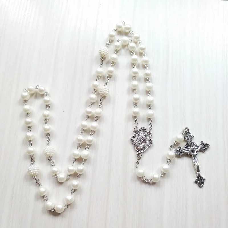 QIGO White Acrylic Pearl Long Catholic Necklace Cross Pendant Rosary Necklace Religious JewelryXJ250222
