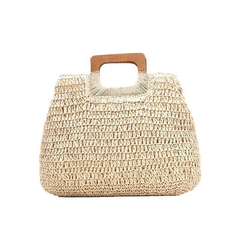 2025S Designer Summer Woven Str Handbag Female Wooden Handle Large Capacity Travel Beach Bag Fashion Style Totes Hollow out Tote BolsaC250222 Shoulder