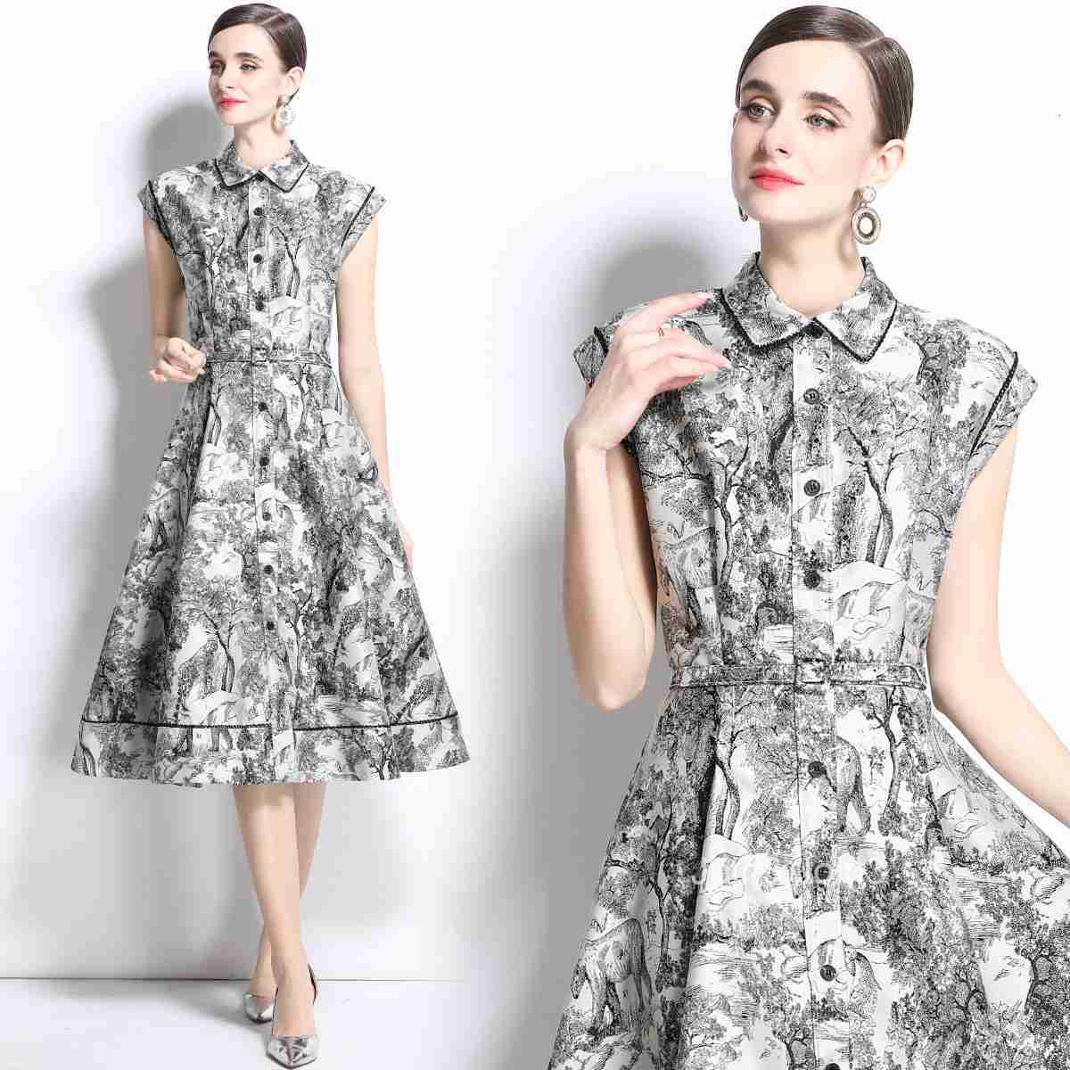 Spring/Summer New Womens Single breasted Sleeveless Animal Ink Painting Jacquard Medium length Dress