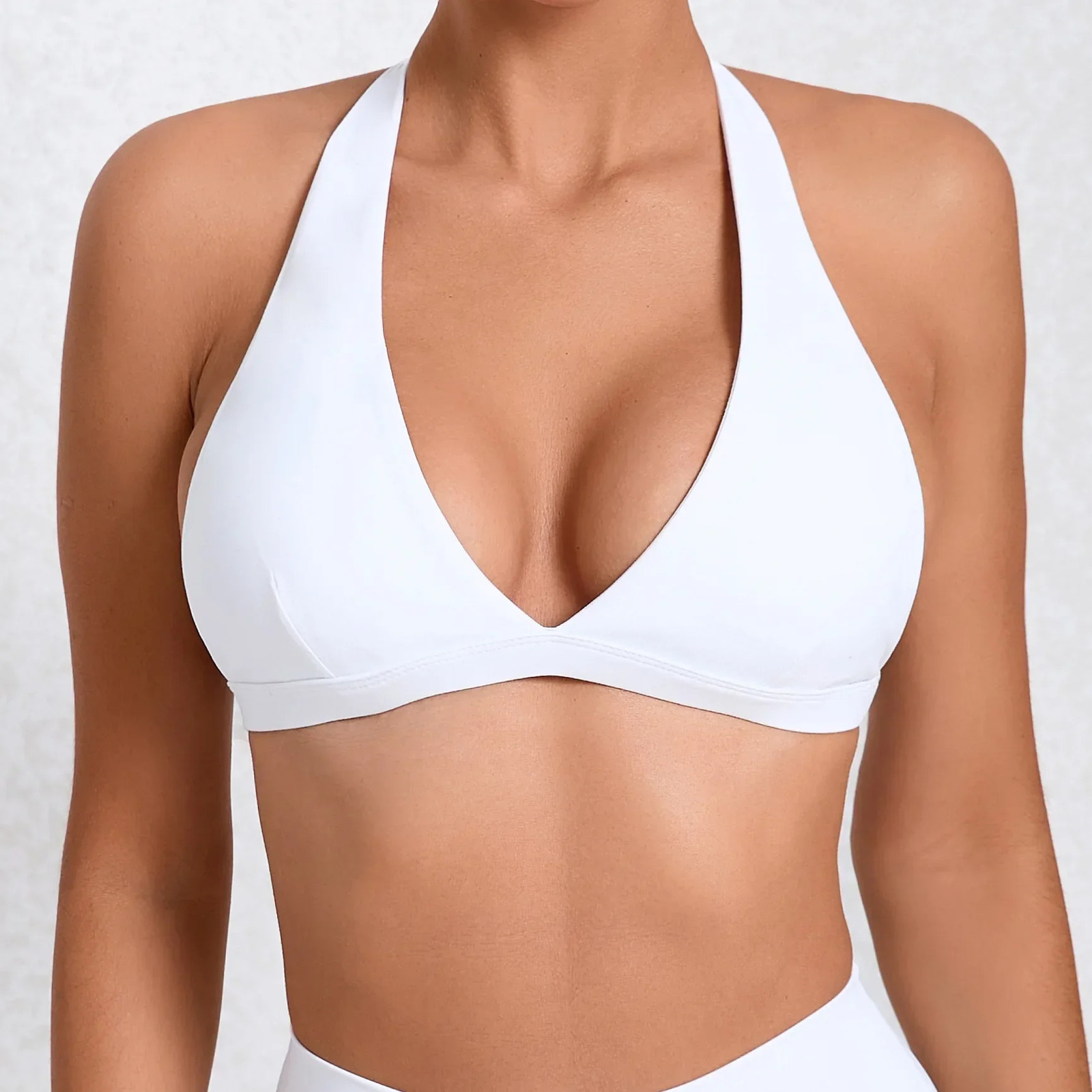 Sexy V-neck Sport Bra Women Underwear Sportswear Halter Backless Top for Fitness Yoga Wear Female Gym Active Bra with Cups White 250221
