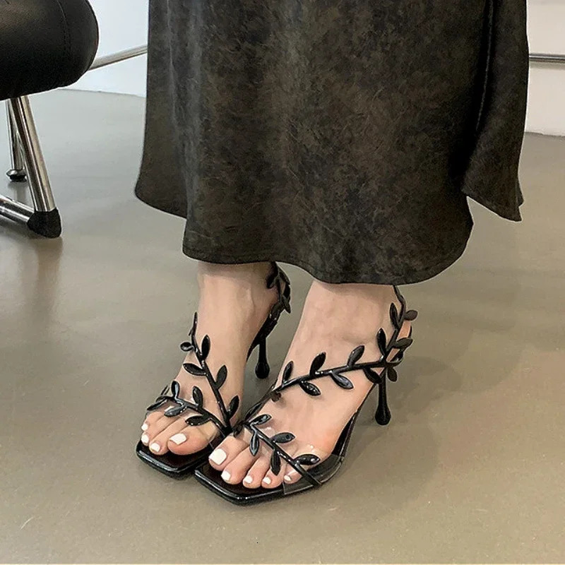 Gold Silver Design High Heels Women Summer Open Toe Footwear Foliage Decorate Luxury Party Dance Shoe Fashion Sandalias De Mujer 250221