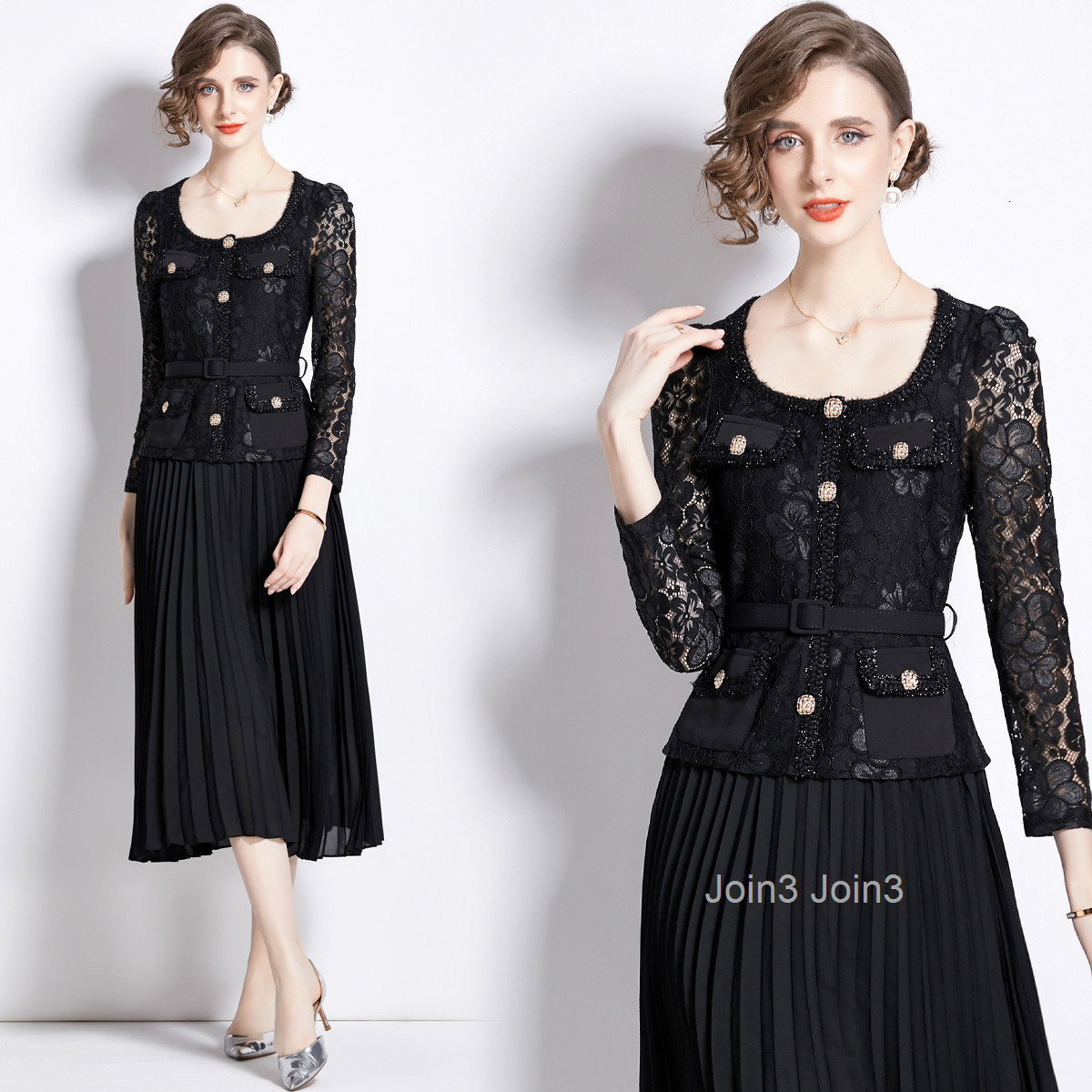 Autumn New Womens Clothing Style Slim Fitting and Slimming Lace Patchwork Medium Long Pleated Dress