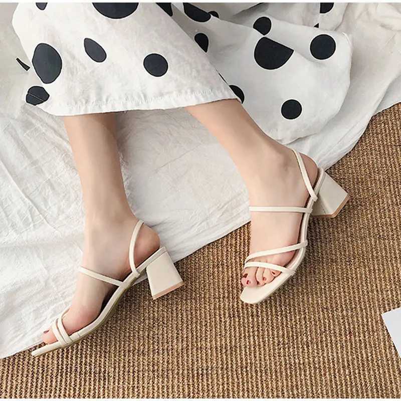 Women Sandals Ladies Square Heels Elegant Summer Slippers Outside Cross Tied Leather Female Slides Fi Woman Sandals XJ250610