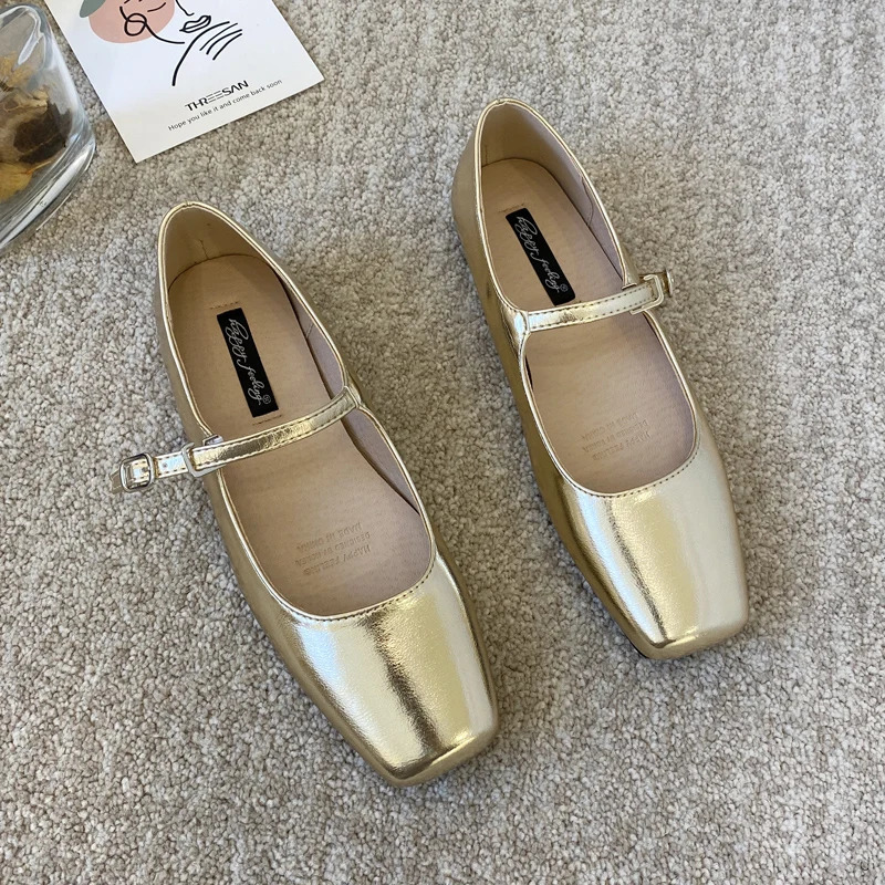 Fashionable French Square Head Silver Mary Jane Womens Shoes Comfortable Flat Bottom Soft Sole Ballet Dance Shoes 250221