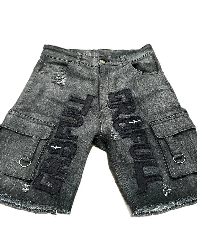 2024 Retro Gothic Trend American Letter Embroidery Tooling Denim Shorts Y2K Harajuku Hip Hop Loose Sports Street Wear 250214Z